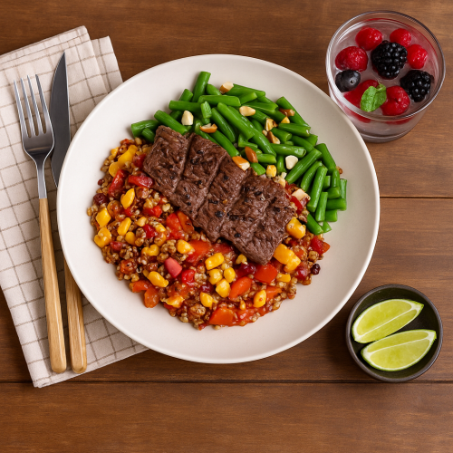 Chef-prepared Bavette Steak with Roasted Carrots, Sweet Potato & Tenderstem Broccoli – ready in 3 minutes.